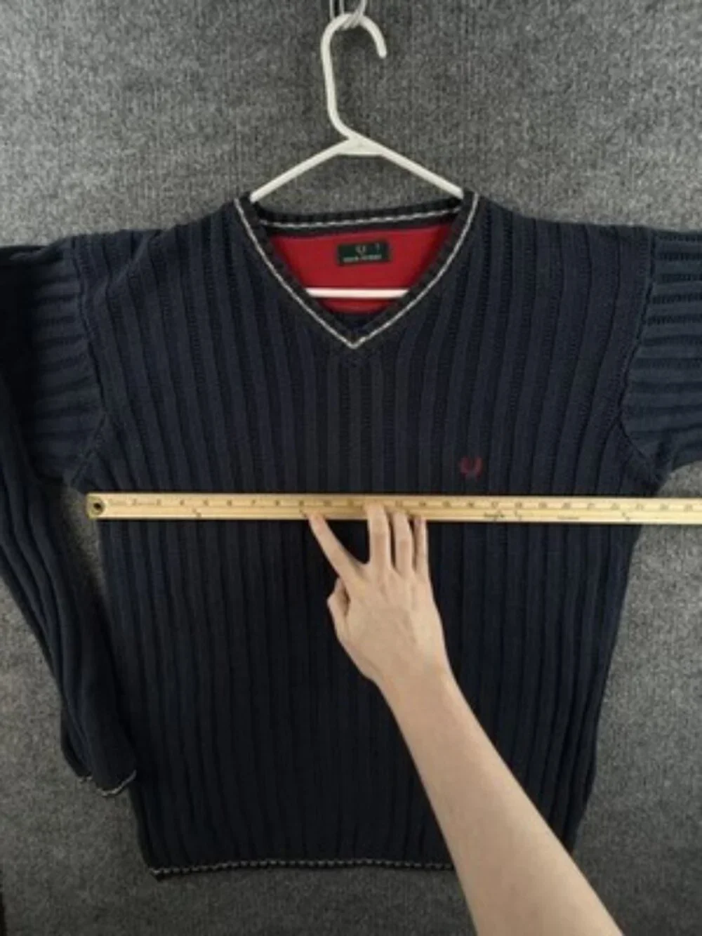 Fred Perry Heavyweight Large Logo V-Neck Blue Men Pullover Sweater Cotton Knit